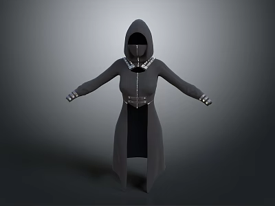 Dark Stylish Hooded Robe 3D Model With Belted Waist And Cuffed Sleeves 3d model