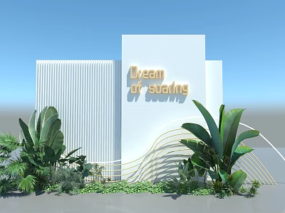 Floral Display With White Textured Walls Large Green Foliage And Wavy Design Elements 3d model
