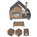 Wooden Cat House With Scratching Post Food Bowls And Wheels For Pets