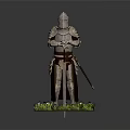 Silver Medieval Knight Armor Statue With Red Cape Standing On Green Grass 3d model