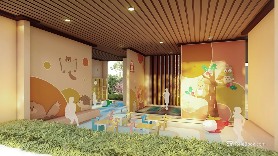 Indoor Garden Landscape With Wooden Ceiling Cartoon Murals Children's Play Facilities And Green Plants 3d model 