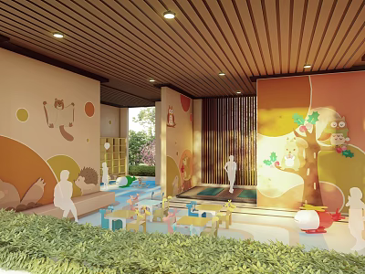 Indoor Garden Landscape With Wooden Ceiling Cartoon Murals Children's Play Facilities And Green Plants 3d model