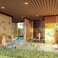 Indoor Garden Landscape With Wooden Ceiling Cartoon Murals Children's Play Facilities And Green Plants