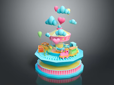 Pink Doll On Layered Carousel Structure With Colorful Clouds Balloons Track And Striped Base 3d model