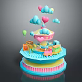 Pink Doll On Layered Carousel Structure With Colorful Clouds Balloons Track And Striped Base