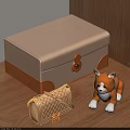 Cute Brown Puppy Doll With Beige Brown Box And Woven Small Bag On Wooden Floor