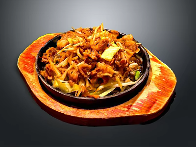 Delicious Teppanyaki Dish On Black Iron Plate With Wooden Tray And Fresh Ingredients 3d model