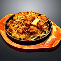 Delicious Teppanyaki Dish On Black Iron Plate With Wooden Tray And Fresh Ingredients