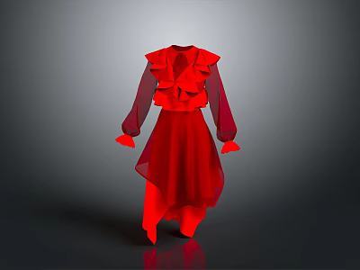Red Ruffled Long Sleeve Dress With Flowy Fabric And Asymmetric Hem Design 3d model