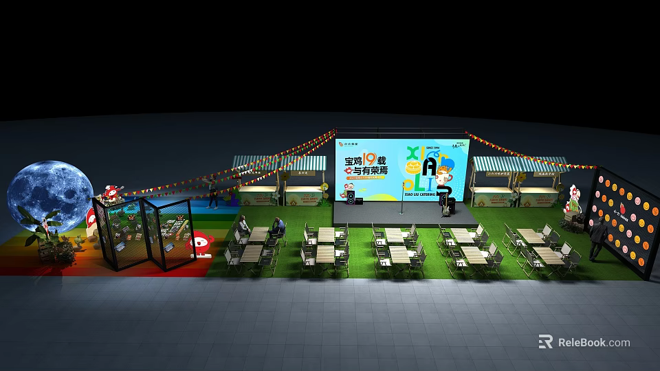 Stage Setup With Large Screen Seating Arrangement And String Lights Decoration 3d model