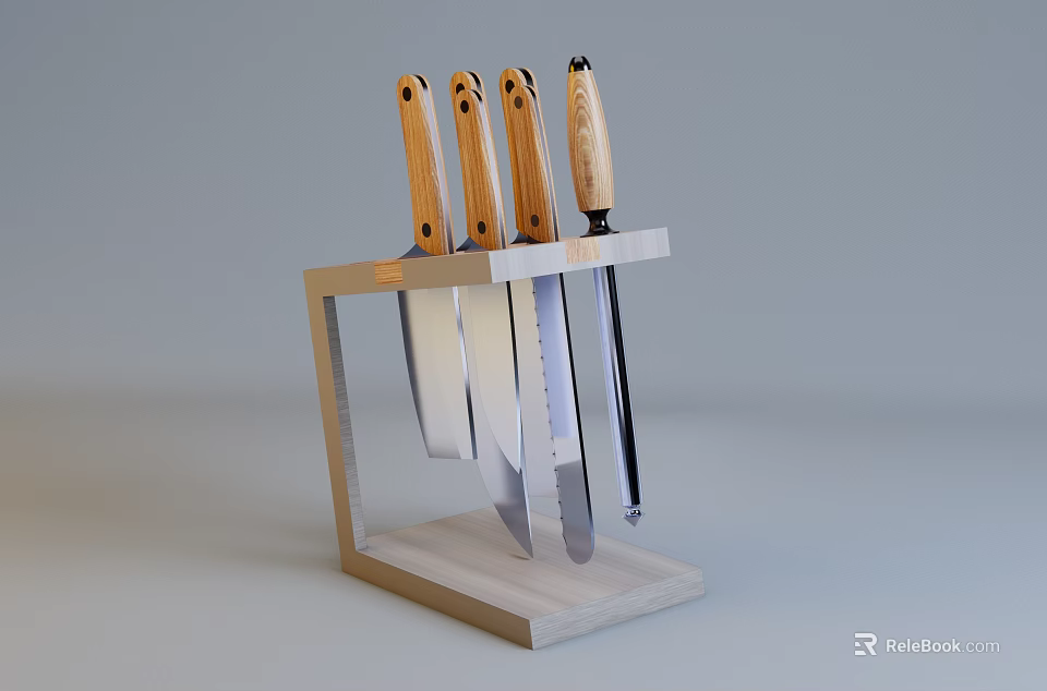 Sturdy Kitchen Knife Set With Wooden Handles And Metal Wood Block 3d model 