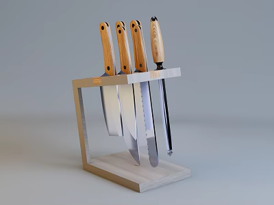 Sturdy Kitchen Knife Set With Wooden Handles And Metal Wood Block 3d model