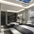 Modern Hotel Room Interior With Twin Beds Decorative Artwork And Recessed Lighting