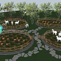 Park Landscape With Green Grass Stone Pathways White Sheep And Trees In Fenced Areas