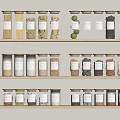 Transparent Glass Jars With Metal Lids Neatly Arranged On Wooden Shelves For Kitchen Storage