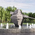 Garden Landscape with Large Stone Sculpture Circular Pool Fountains and Green Trees