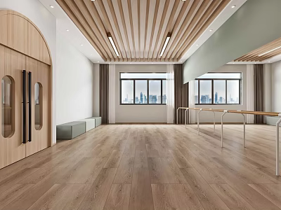 Spacious Bright Dance Fitness Studio with Wooden Floor Barre Bench and Large Windows 3d model