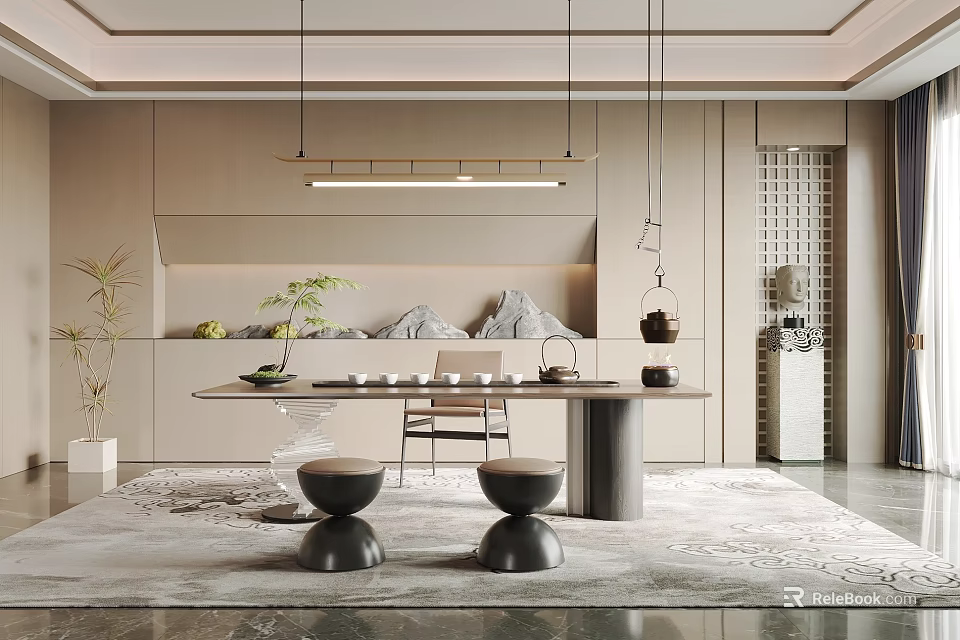 Modern Tea Room Interior Design With Wooden Table Ceramic Teacups Hanging Lights And Potted Plants 3d model 