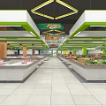 Spacious Supermarket Interior With Stocked Fruit Vegetable Shelves Hexagonal Pendant Lights And Green Pillars