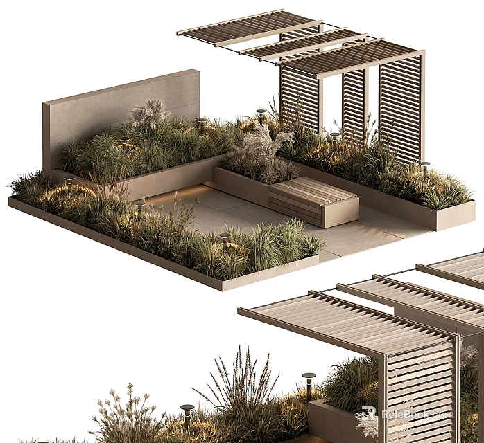 Outdoor Shade Pergola with Green Plants and Wooden Bench in Patio Area 3d model 