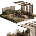 Outdoor Shade Pergola with Green Plants and Wooden Bench in Patio Area