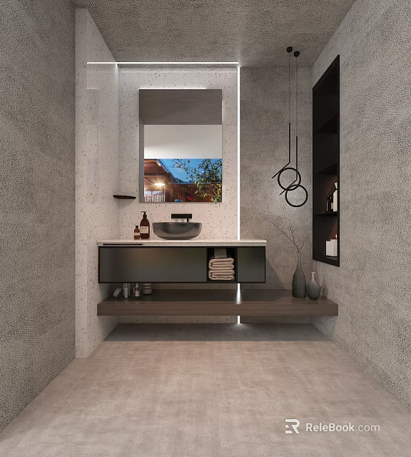 Wall Mounted Washbasin with Marble Countertop Gray Wall Round Mirror Open Shelves Decorative Bottles Towels 3d model 