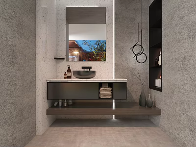 Wall Mounted Washbasin with Marble Countertop Gray Wall Round Mirror Open Shelves Decorative Bottles Towels 3d model