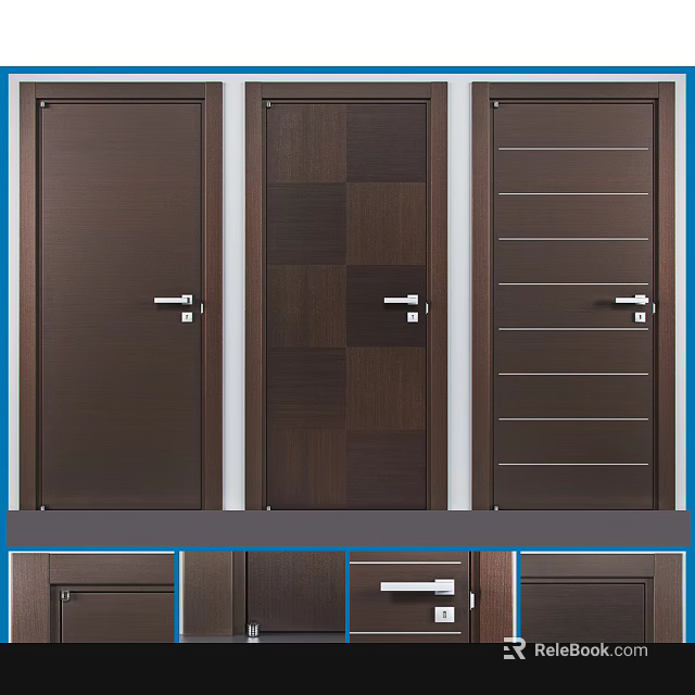 Brown Wooden Swing Doors Featuring Diverse Panel Patterns And Silver Handles 3d model
