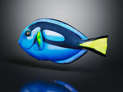 Blue Tang Fish With Black Stripes And Yellow Tail Fin On Dark Background With Reflection 3d model