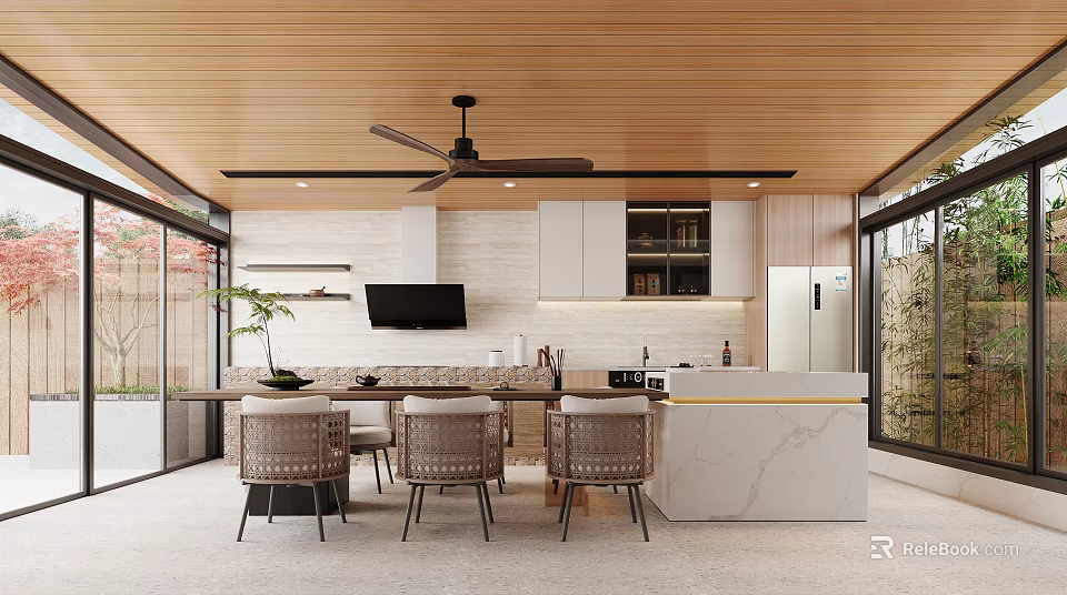 Modern Restaurant Interior With Wooden Ceiling Ceiling Fan Marble Island Counter Dining Table And Chairs 3d model 