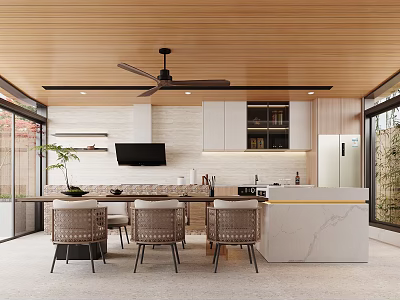 Modern Restaurant Interior With Wooden Ceiling Ceiling Fan Marble Island Counter Dining Table And Chairs 3d model