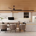 Modern Restaurant Interior With Wooden Ceiling Ceiling Fan Marble Island Counter Dining Table And Chairs