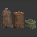 Three Burlap Sacks With Red Grains Food In Different Sizes On Dark Surface