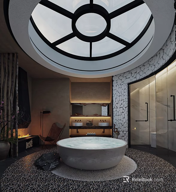 Luxurious Bathroom Interior With Circular Skylight Stone Wall Bathtub Fireplace And Wooden Accents 3d model 