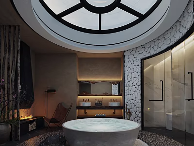 Luxurious Bathroom Interior With Circular Skylight Stone Wall Bathtub Fireplace And Wooden Accents 3d model