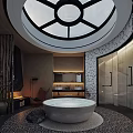 Luxurious Bathroom Interior With Circular Skylight Stone Wall Bathtub Fireplace And Wooden Accents
