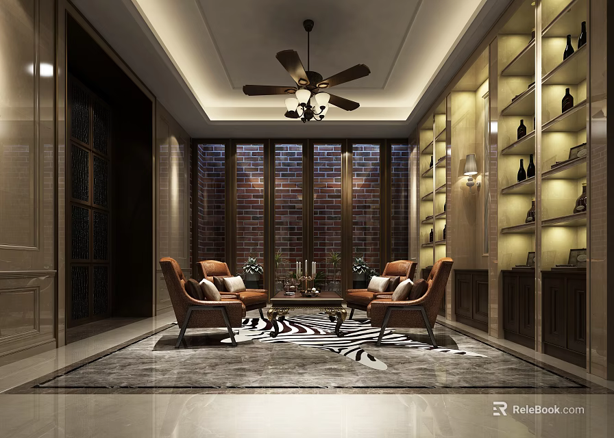 Leisure Area Interior With Cozy Brown Armchairs Coffee Table Ceiling Fan And Red Brick Wall 3d model 
