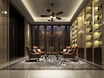 Leisure Area Interior With Cozy Brown Armchairs Coffee Table Ceiling Fan And Red Brick Wall 3d model