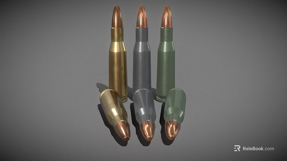 3D Rendered Weapon Bullets Featuring Gold Silver Green Colors Arranged In Two Rows 3d model 