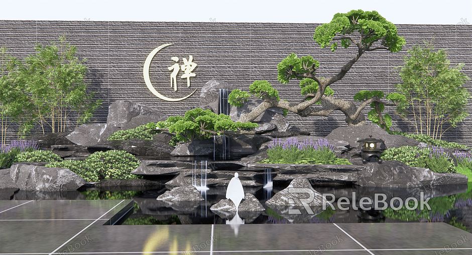 New Chinese style landscape sketch Zen style stacked water landscape falling water sketch rockery waterscape stone landscape stone pine garden landscape sketch model