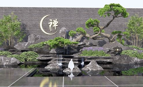 New Chinese style landscape sketch Zen style stacked water landscape falling water sketch rockery waterscape stone landscape stone pine garden landscape sketch 3d model