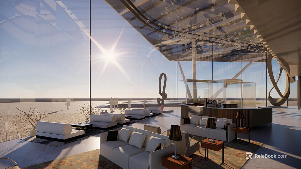 Modern Hotel Lobby Design With Large Glass Windows Natural Light And White Sofas 3d model