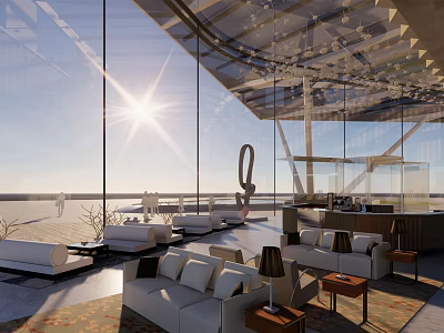 Modern Hotel Lobby Design With Large Glass Windows Natural Light And White Sofas 3d model