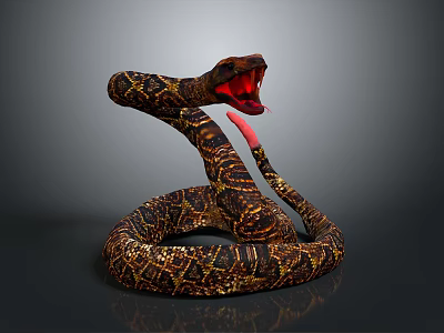 Brown And Yellow Patterned Snake With Open Mouth And Red Tongue On Grey Background 3d model