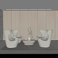 Casual Lounge Interior with Gray Armchairs Round Table Green Plant Wooden Accent Wall Recessed Lighting