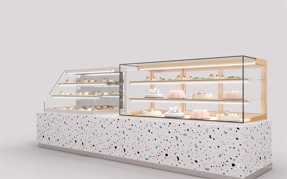 Elegant Glass Display Shelves with Terrazzo Countertop and Layered Pastries in Bakery Shop 3d model 