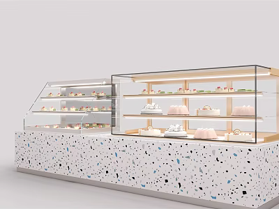 Elegant Glass Display Shelves with Terrazzo Countertop and Layered Pastries in Bakery Shop 3d model