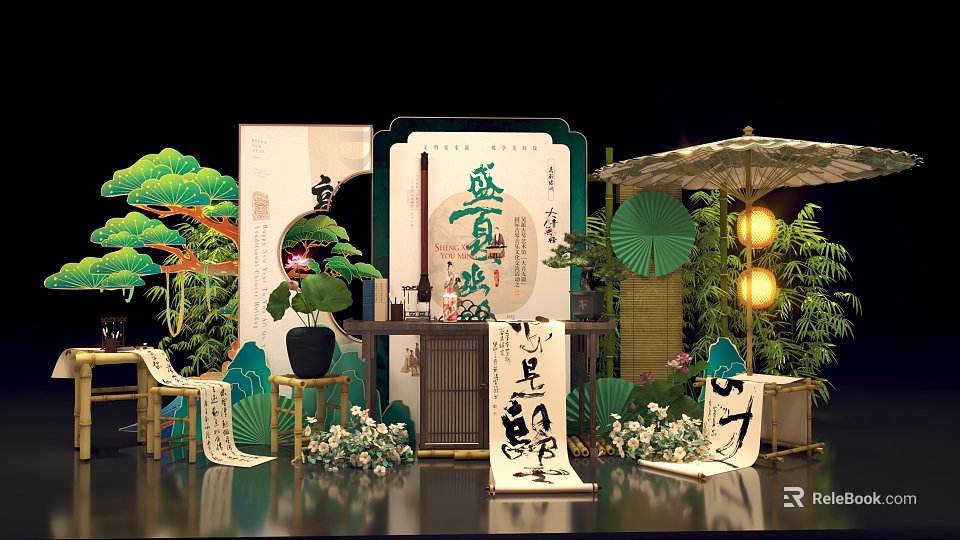 Traditional Chinese Calligraphy Themed Photo Check In Spot With Pine Bamboo Lotus Leaves And Lanterns 3d model 