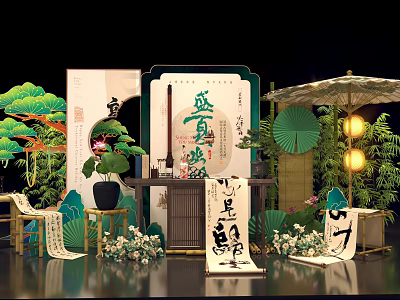 Traditional Chinese Calligraphy Themed Photo Check In Spot With Pine Bamboo Lotus Leaves And Lanterns 3d model