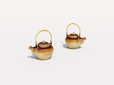 Traditional Ceramic Teapots With Bamboo Handles And Natural Brown Beige Hues 3d model